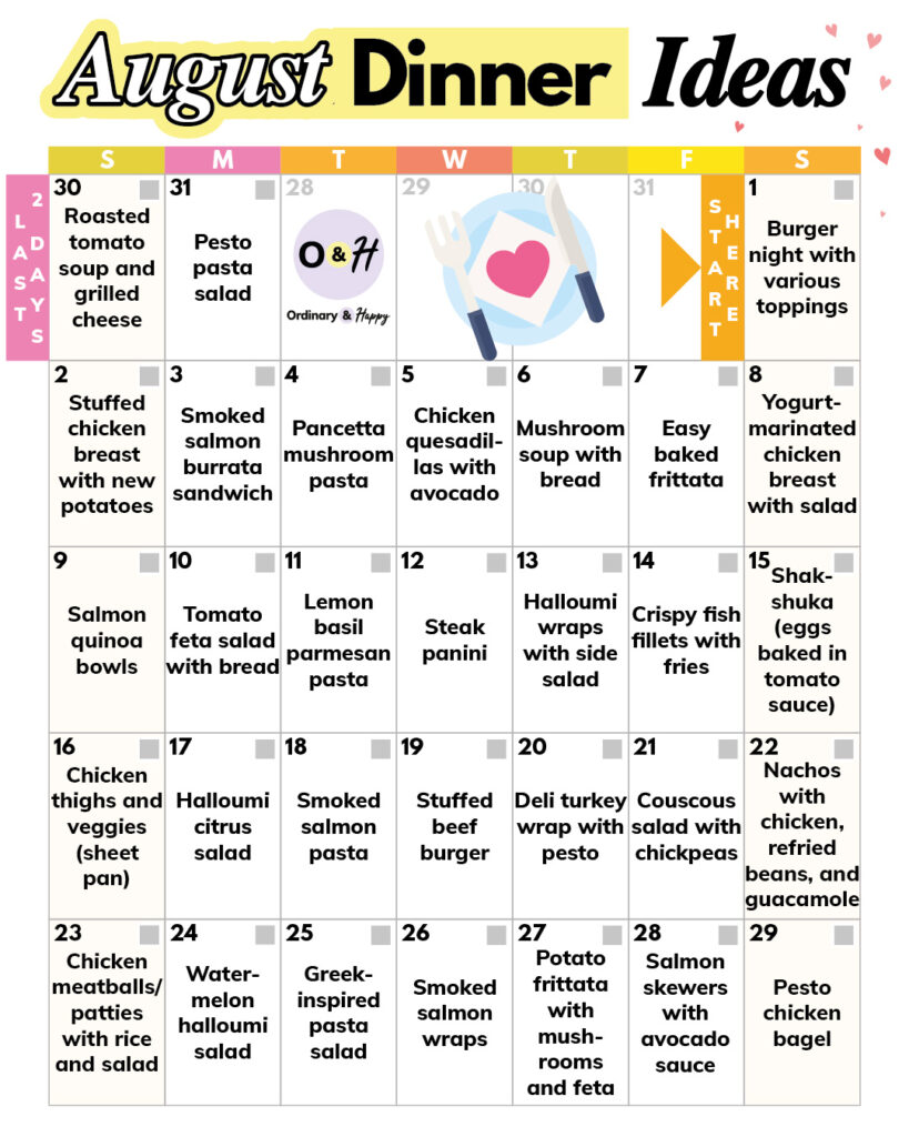 August dinner ideas in a calendar