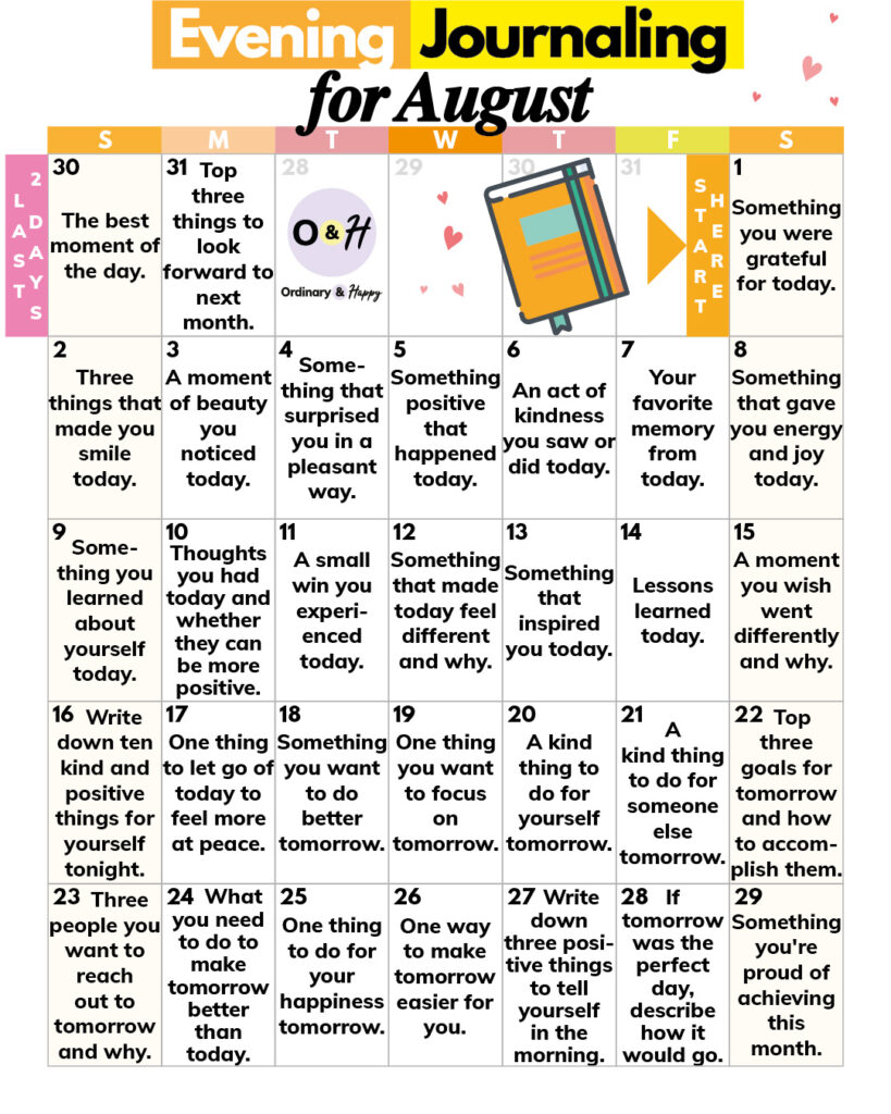 August evening journaling calendar.