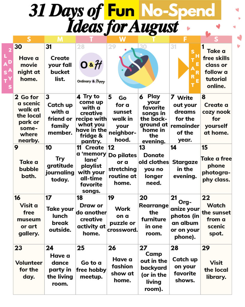 calendar of fun no-spend ideas for august displayed in a 31-day august calendar grid