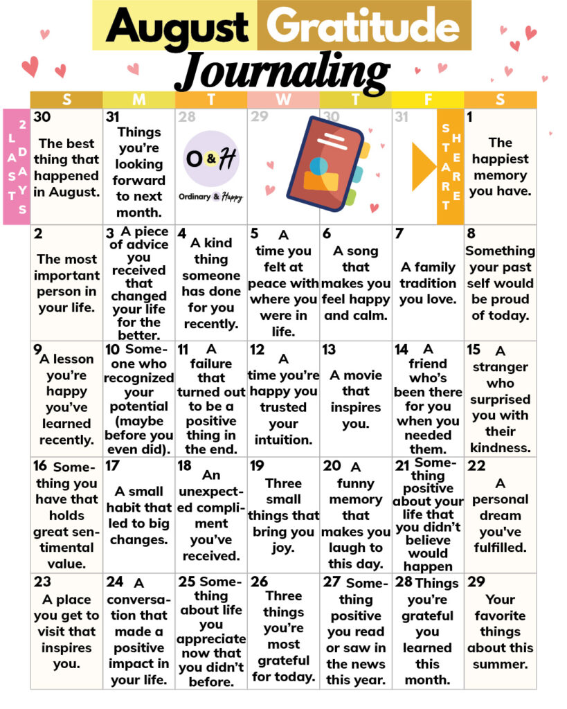Gratitude journaling calendar for August.