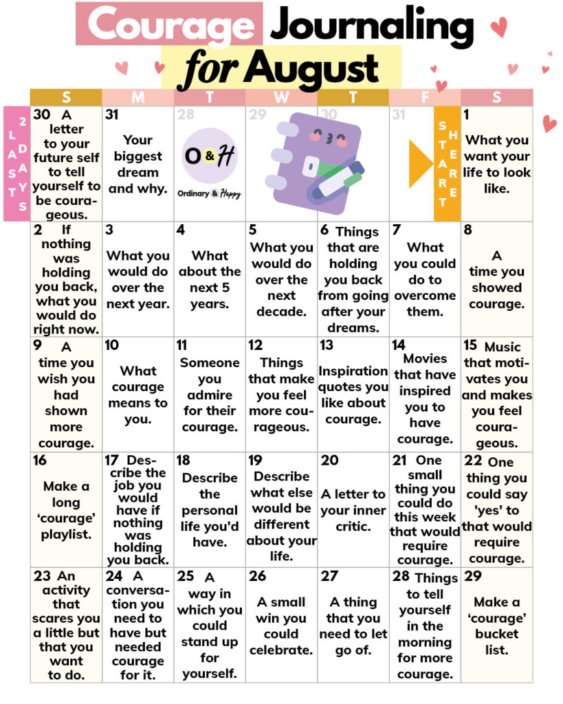 Courage journaling August calendar.
