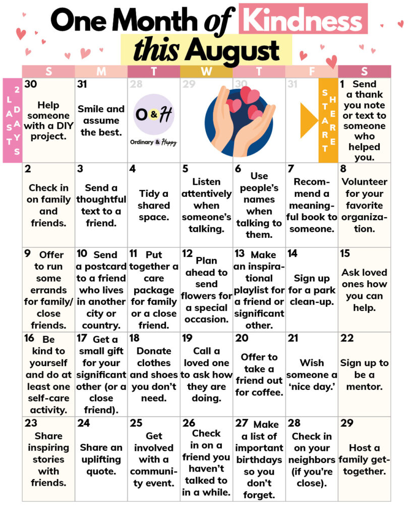 31-day august calendar containing daily acts of kindness in a calendar grid format