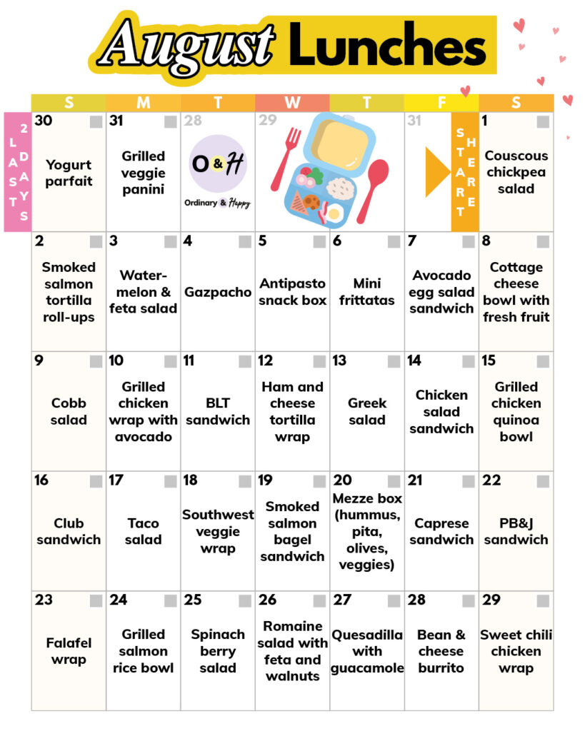 August lunch ideas in a calendar.