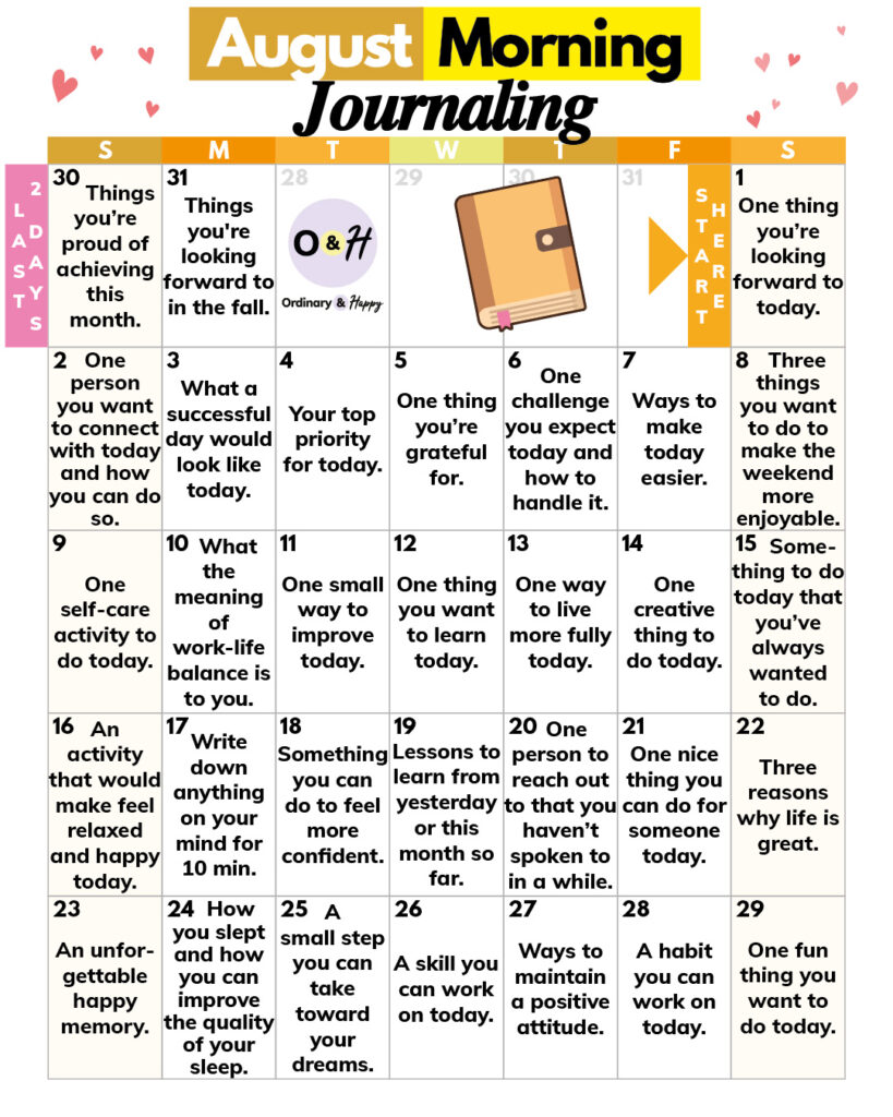 August morning journaling calendar.