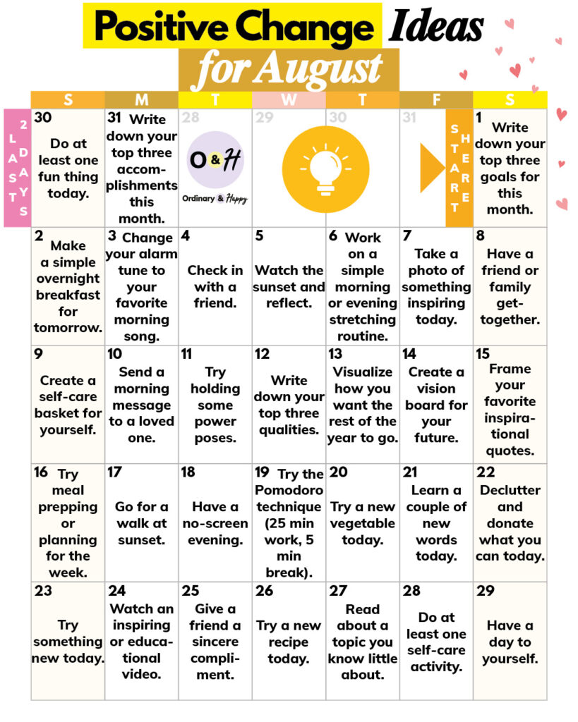 august positive change calendar with 31 daily ideas in a 7x5 grid calendar