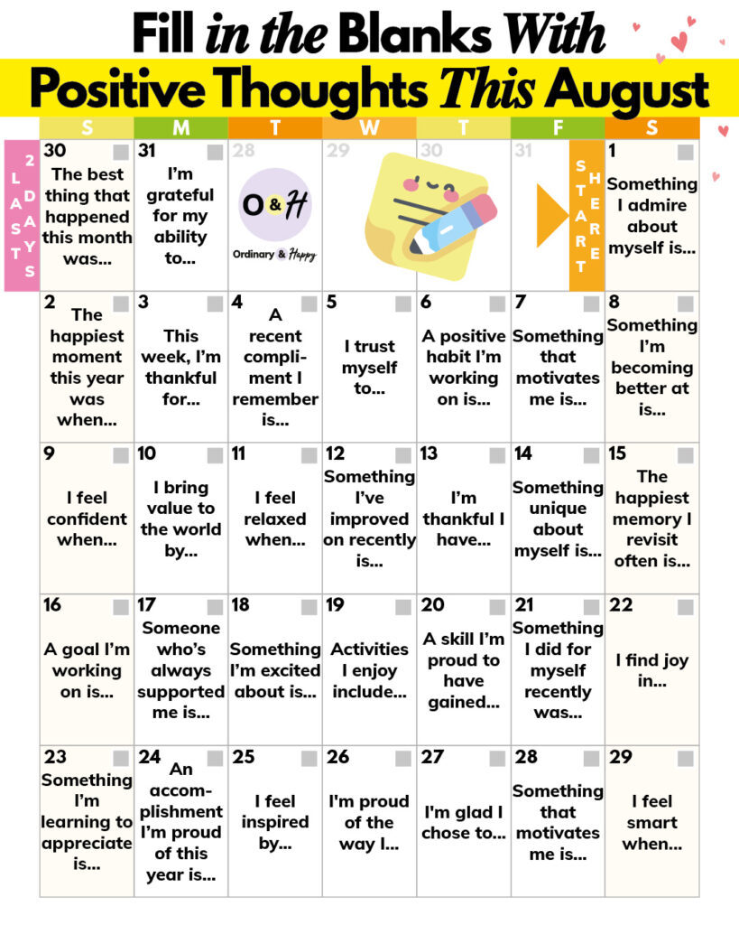 Positive Thoughts Journaling August Calendar.