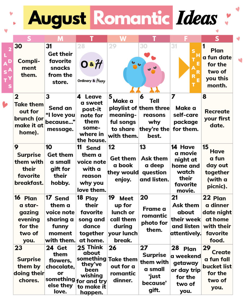 Romantic gestures August calendar with 31 ideas displayed in a numbered 7x5 calendar grid