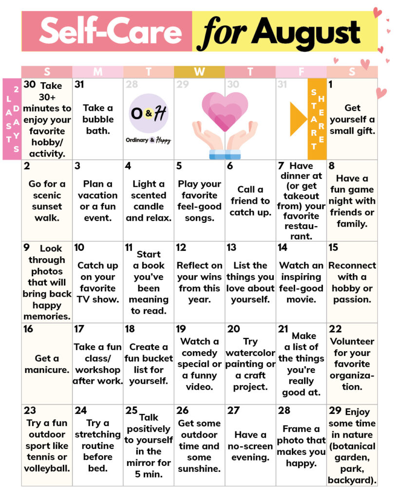 August simple self-care calendar displayed in a 7x5 calendar grid