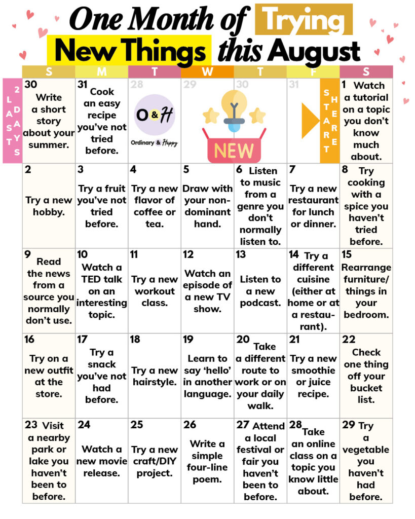 August calendar for trying new things with 31 ideas in a 7x5 calendar grid format and color-coded days of the week