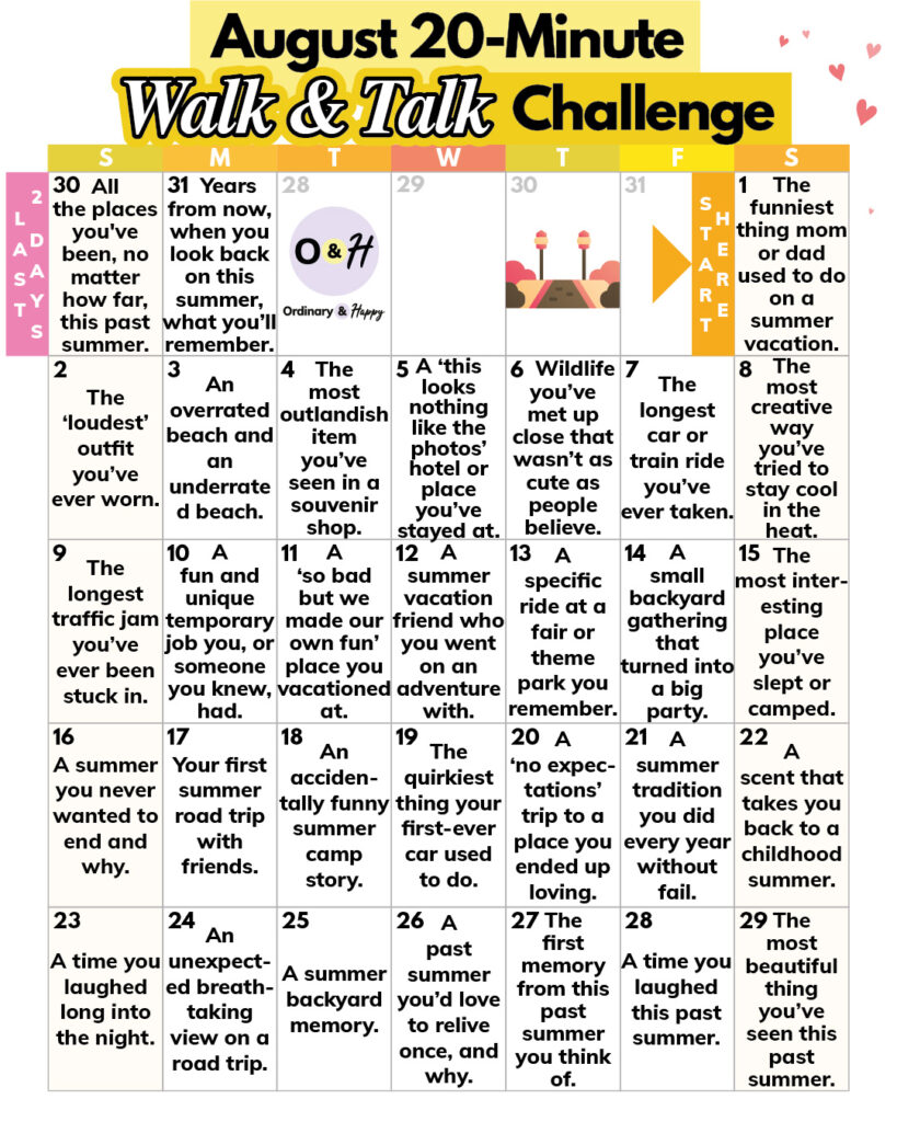 calendar of august walk and talk topics in a 31-day august 7x5 calendar grid labeled sunday to saturday