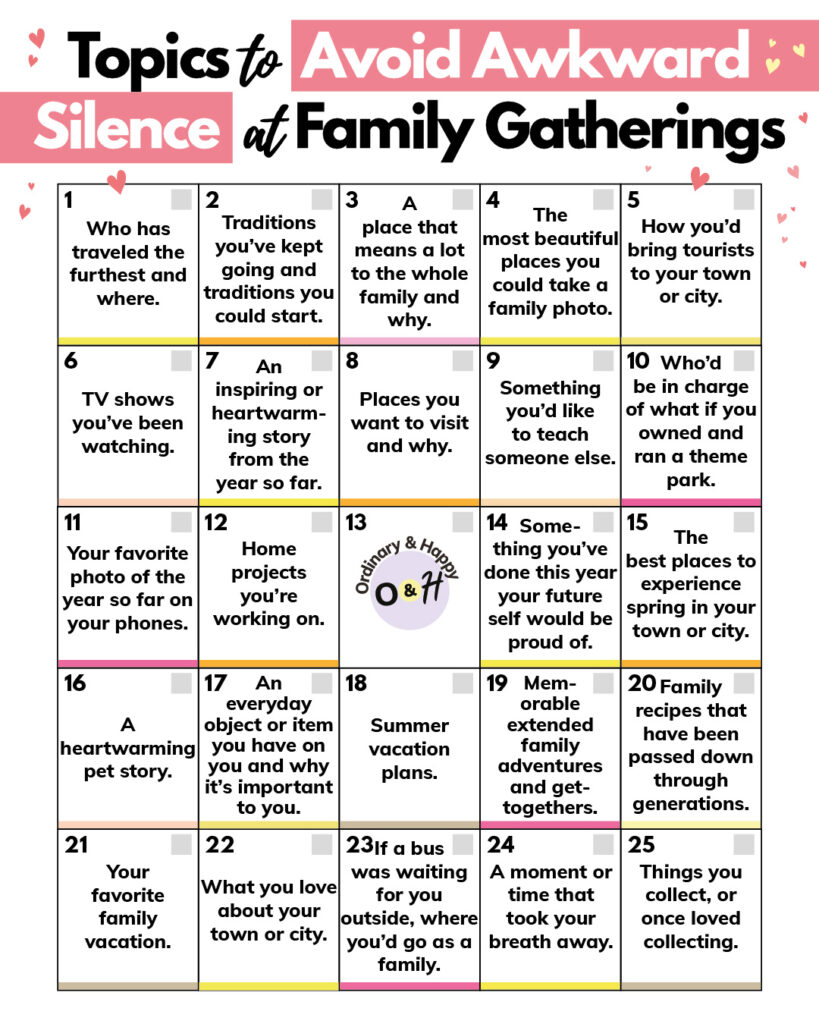 topics of conversation for family gatherings (in a 25 square format).