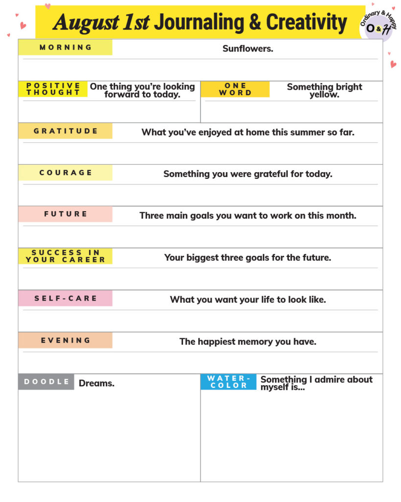 august 1st daily journaling printable with prompts and spaces to write your answers