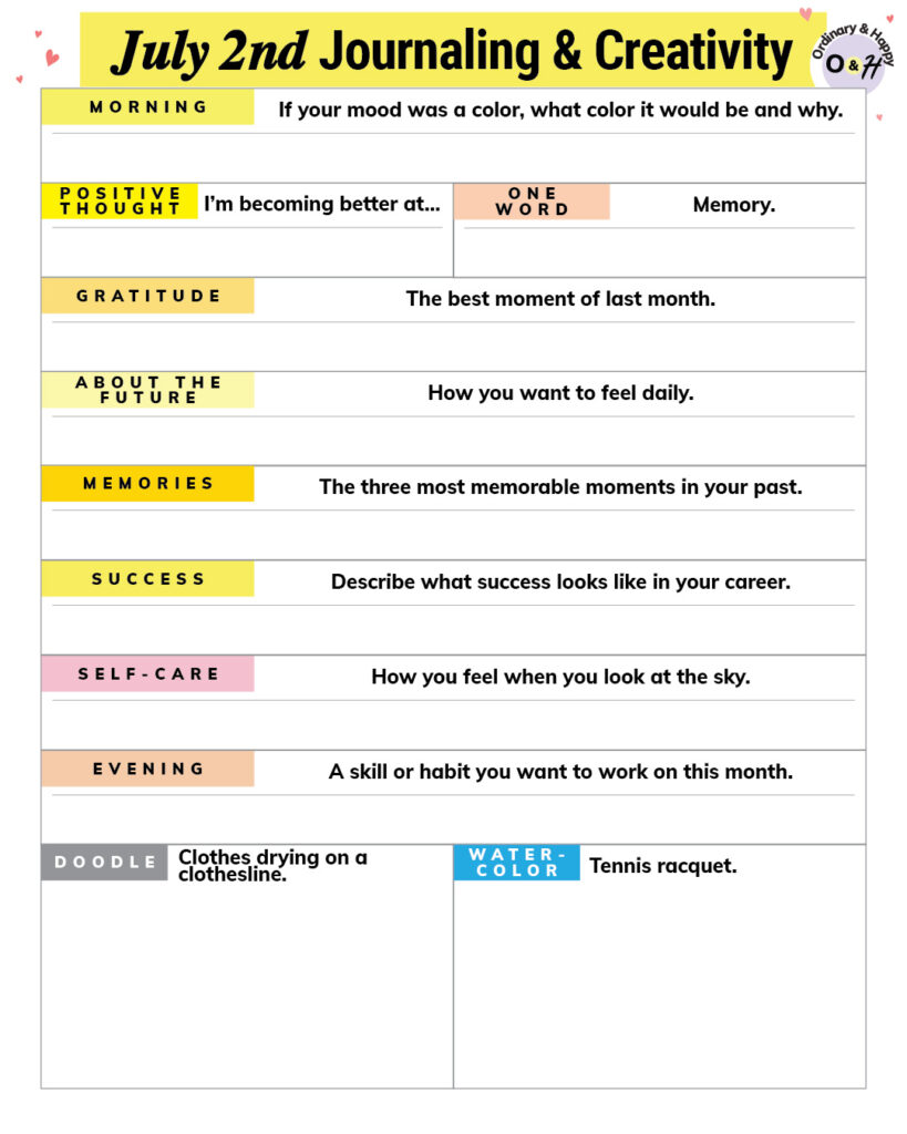 july 2nd creativity and journaling printable with color-coded prompts and spaces to fill them in