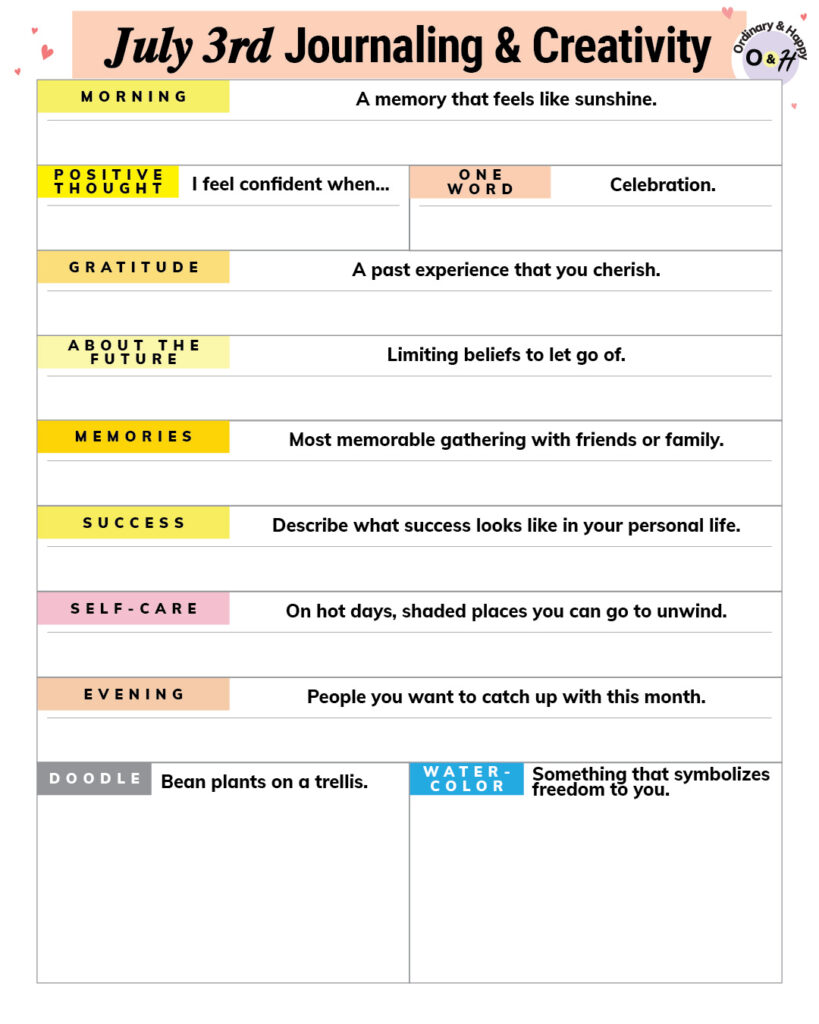 july 3rd journaling and creativity worksheet with color-coded prompts and spaces to write your answers
