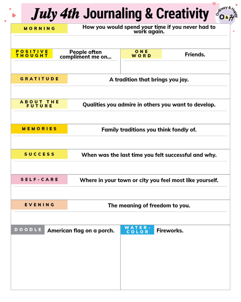 july 4th journaling and creativity worksheet with color-coded prompts to write about