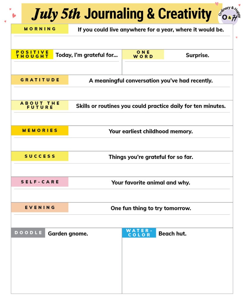 july 5th journaling and creative ideas worksheet with prompts and spaces for your answers
