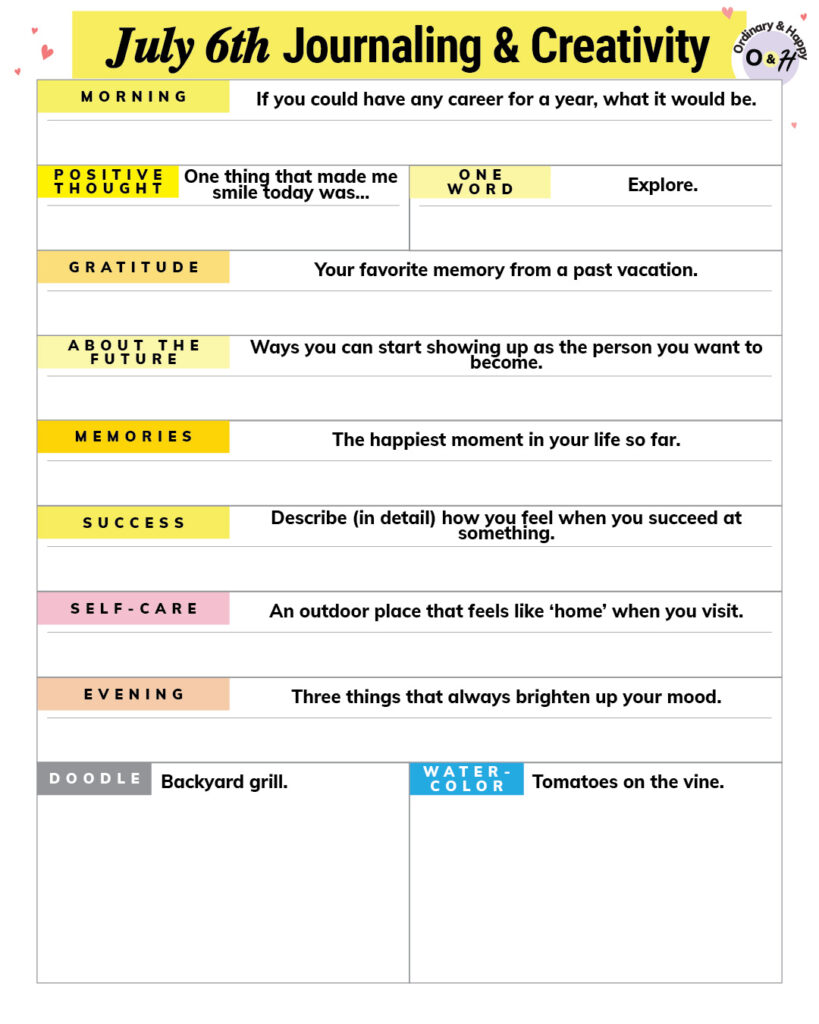 july 6th journaling and creativity worksheet with 11 prompts and spaces for your answers and drawings
