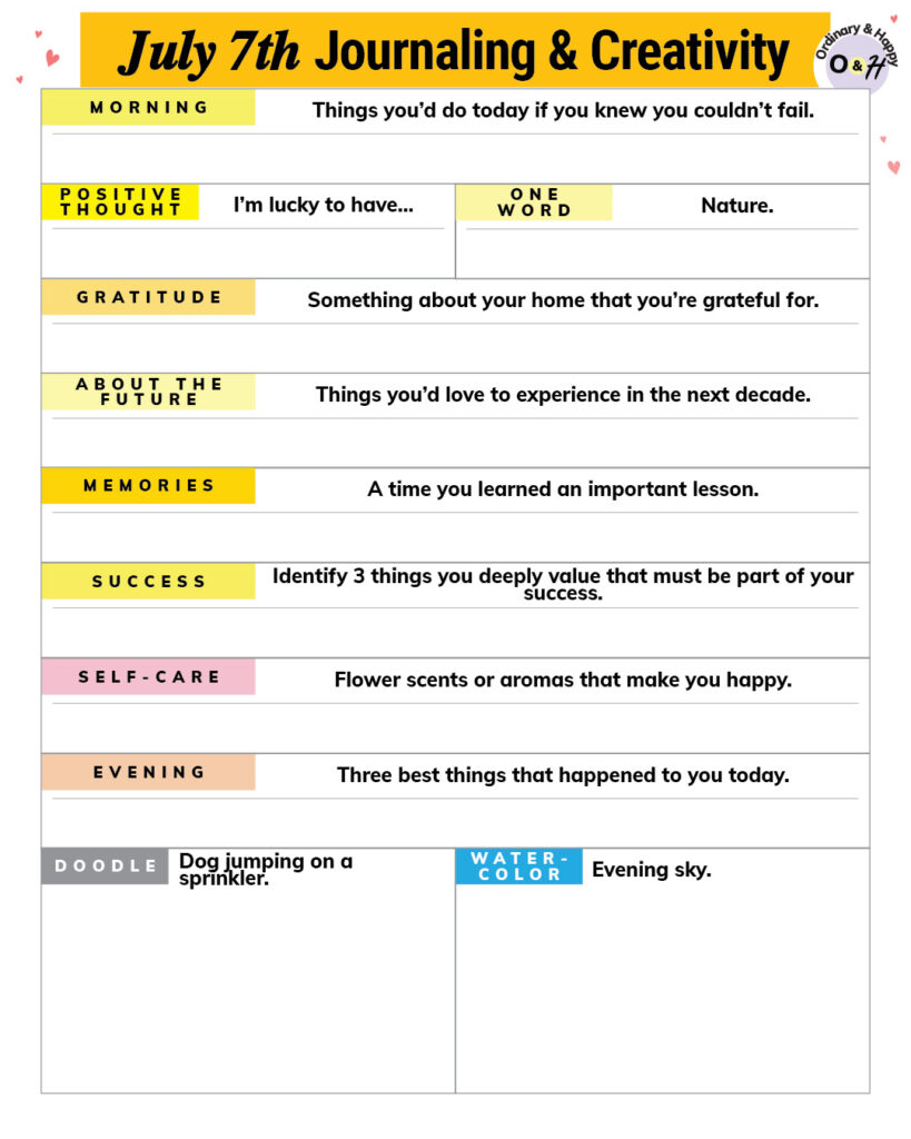 july 7th creativity and journaling worksheet with prompts and spaces to fill in your answers
