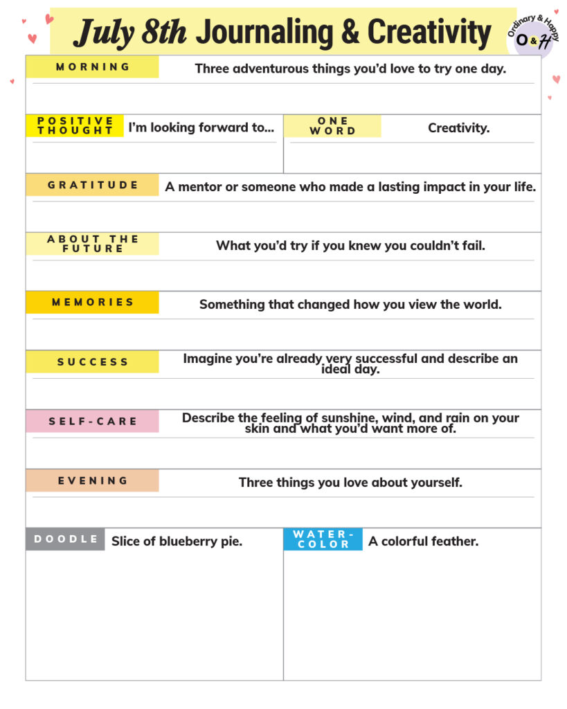 july 8th journaling and creativity worksheet with prompts and spaces for your answers