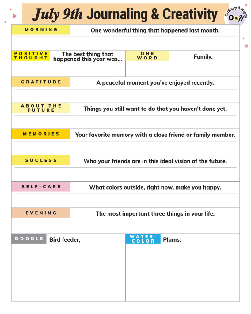july 9th creativity and journaling worksheet with spaces to fill in your answers