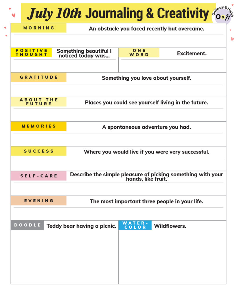 july 10th journaling and creativity worksheet with prompts and spaces for your answers