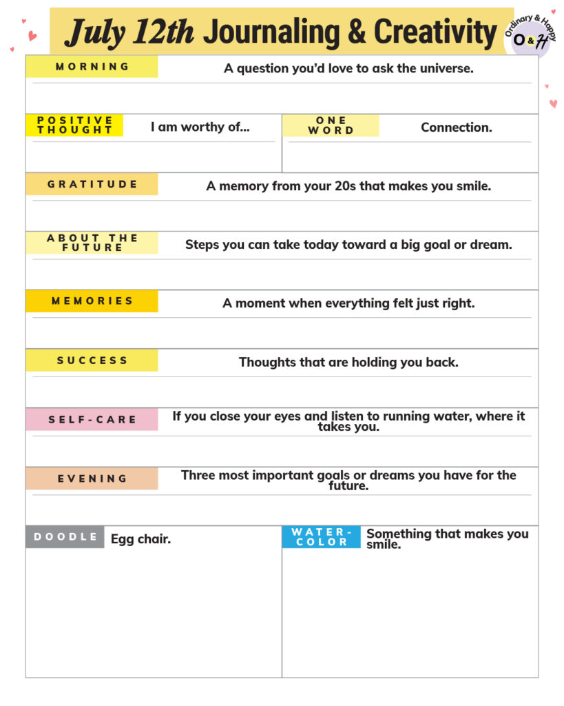 july 12th journaling and creativity planner worksheet