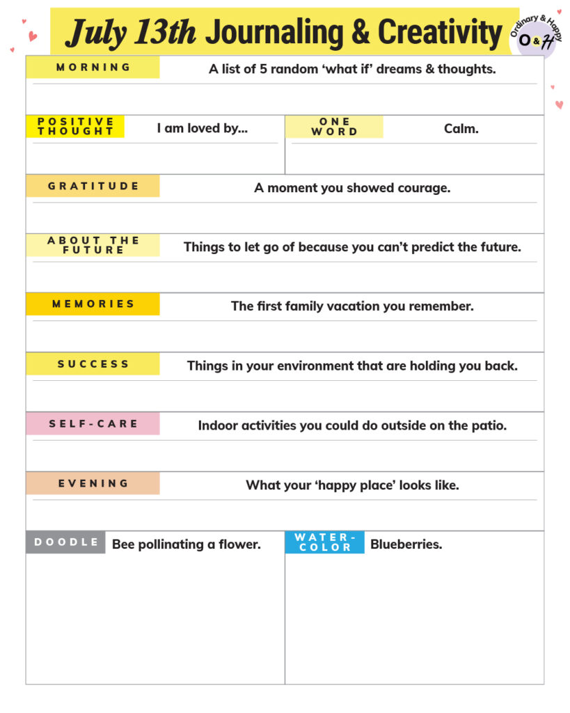 july 13th creativity and journaling worksheet with prompts to fill in