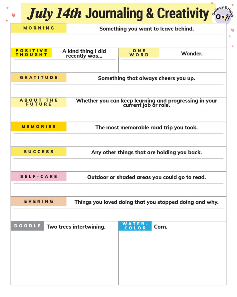 july 14th journaling and creativity worksheet with color-coded prompts
