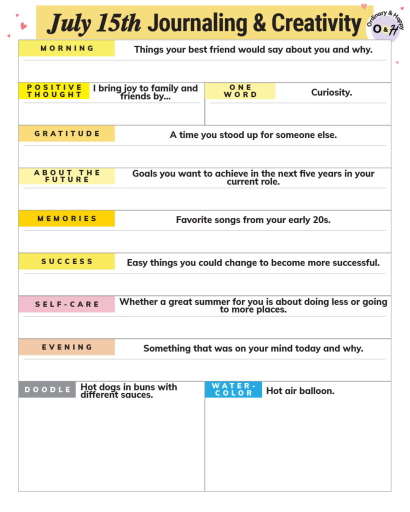 july 15th journaling, drawing, and painting worksheet with spaces for your writing and art with color-coded prompts