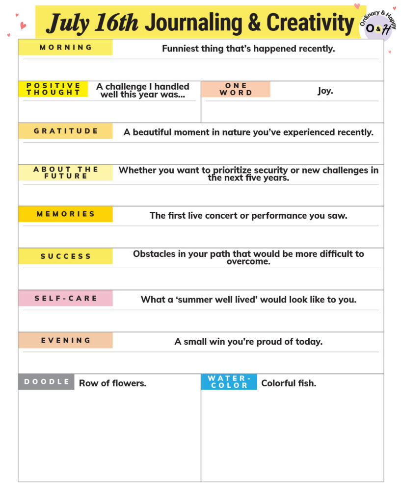 july 16th journaling and creativity planner with prompts to fill in