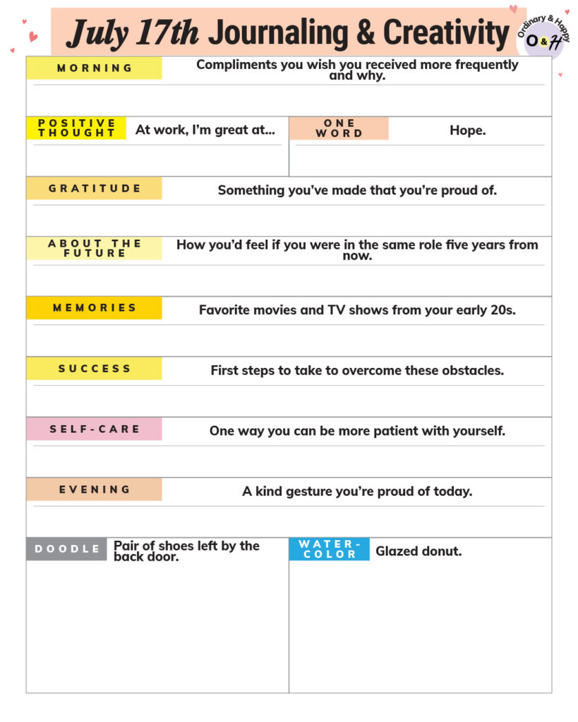 july 17th creativity and journaling worksheet with color-coded prompts and spaces for your answers