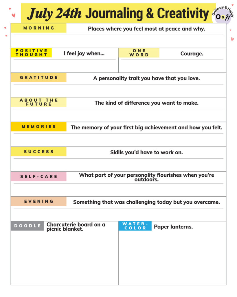 july 24th journaling and creativity worksheet with prompts and spaces to write about each prompt