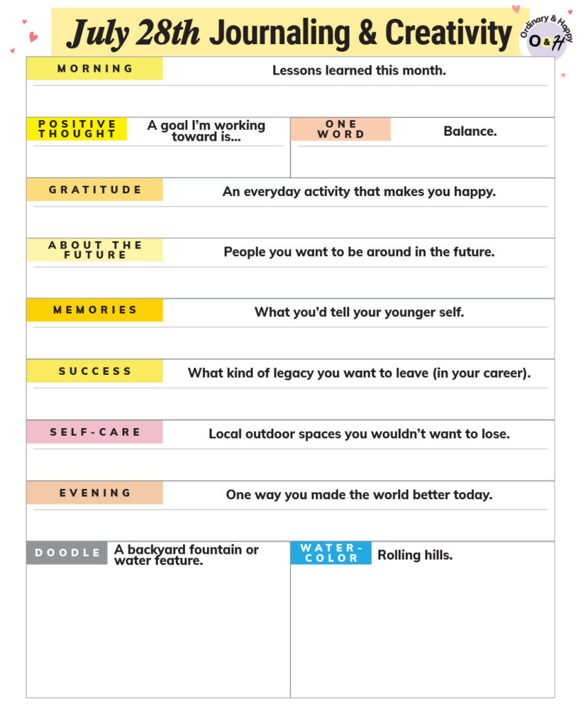 july 28th journaling and creativity worksheet consisting of color-coded prompts and spaces for your answers