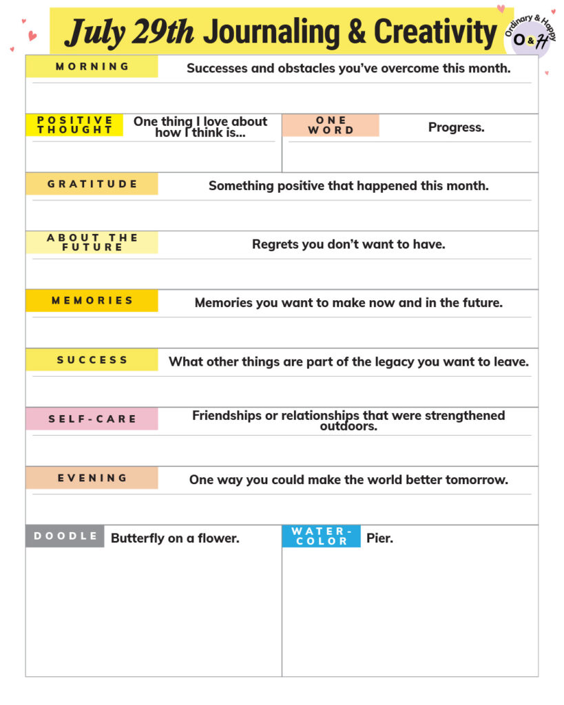 july 29th creativity and journaling worksheet printable with prompts to write about listed on the left and spaces to write your answers