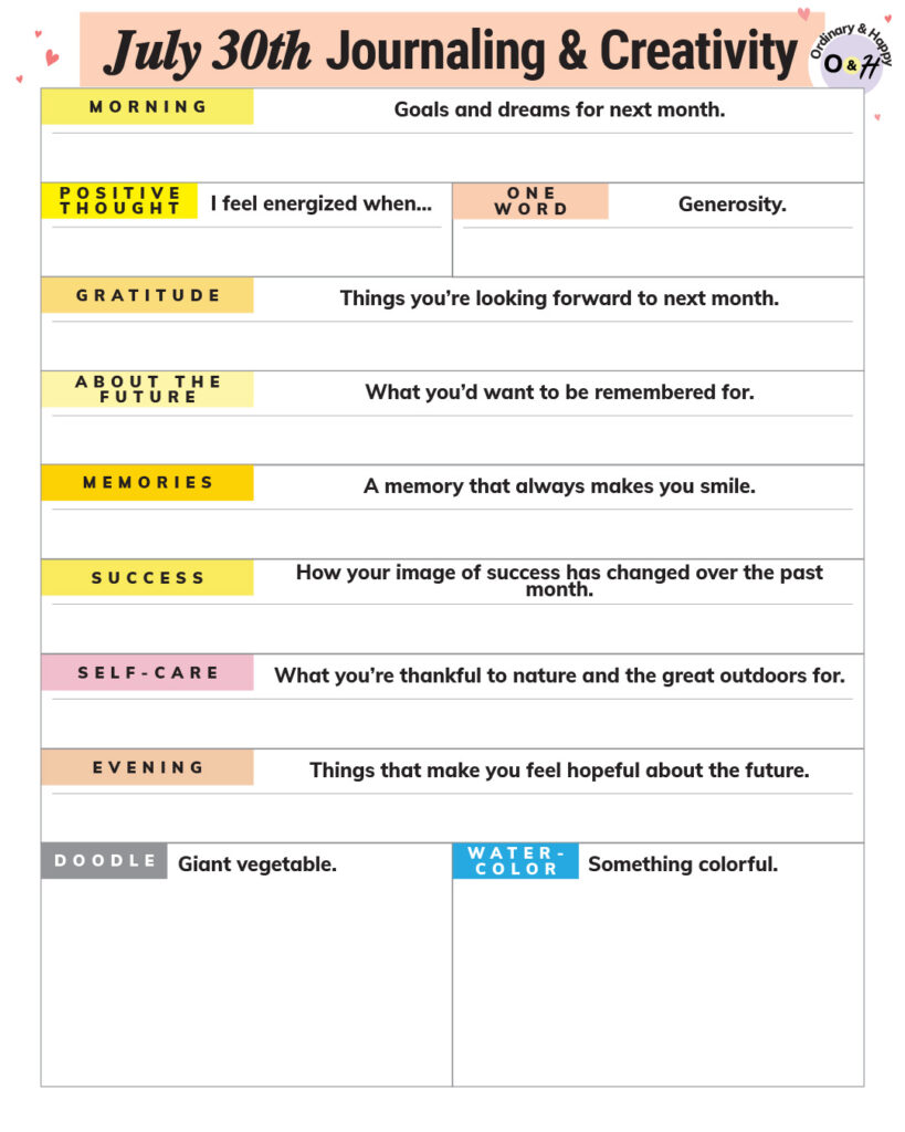 july 30th journaling and creativity worksheet with color-coded prompts and spaces to write your answers