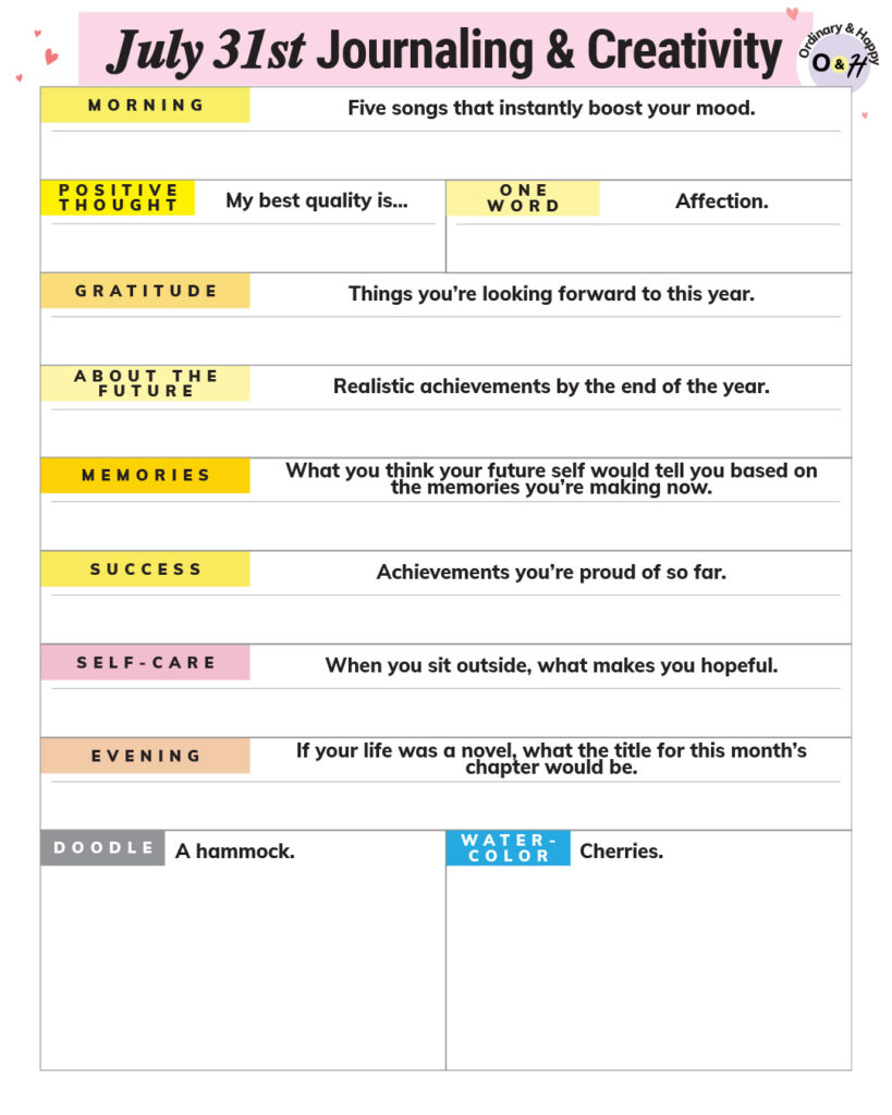july 31st journaling and creativity worksheet with prompts and spaces below to fill in your answers