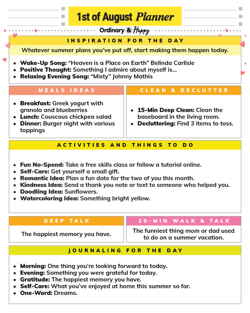 august 1st daily planner printable with 7 color-coded sections containing different lists of ideas for the day