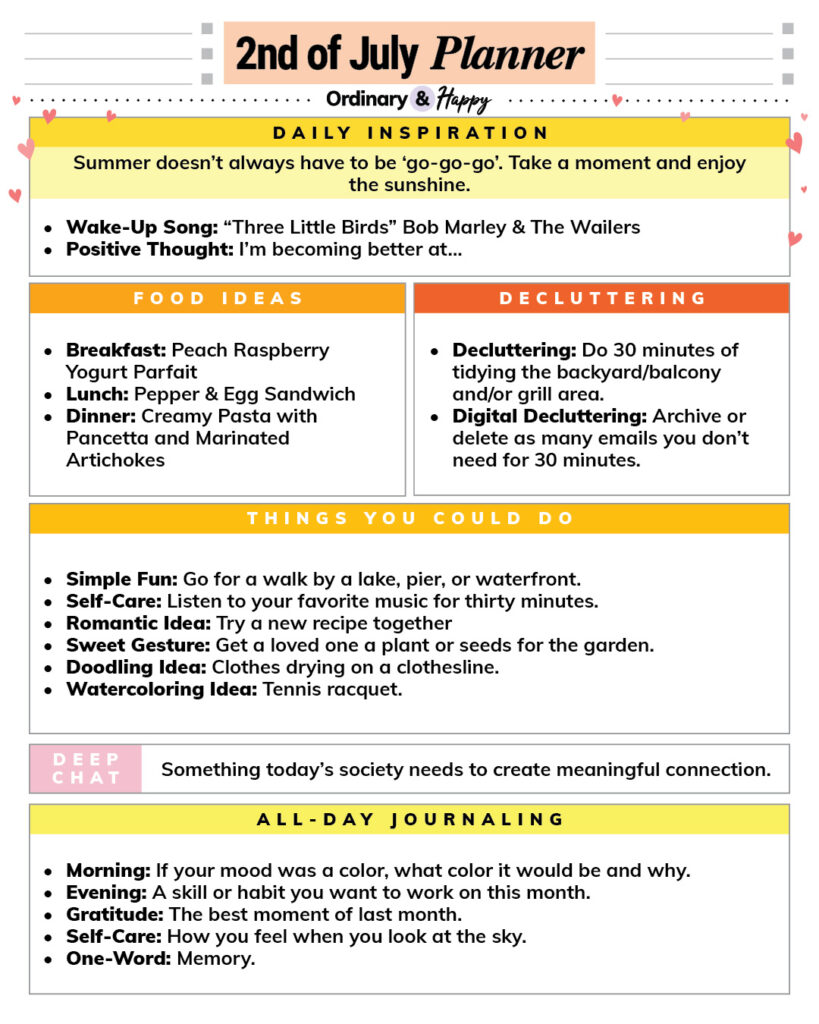 july 2nd daily planner printable with ideas for inspiration, meals, decluttering, activities, deep talk, and journaling