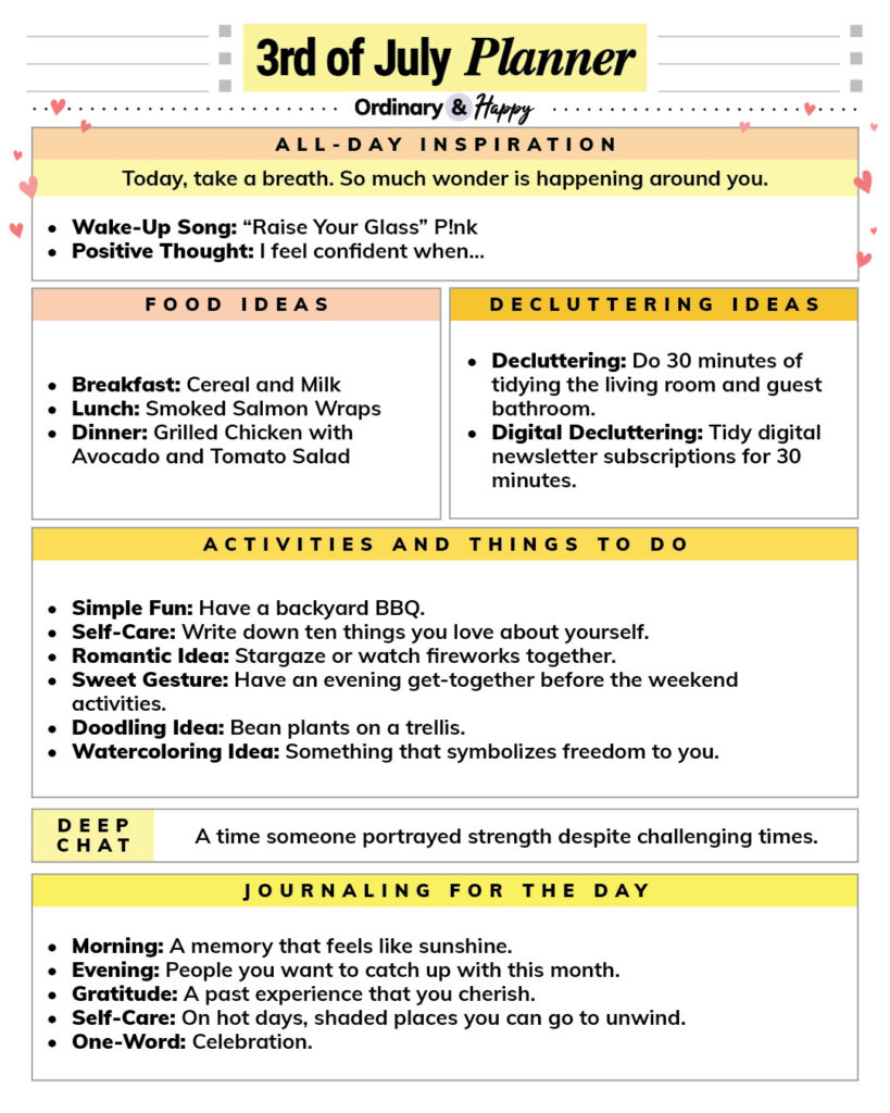 july 3rd daily planner printable with listed ideas for inspiration, decluttering, food, activities, conversation, and journaling