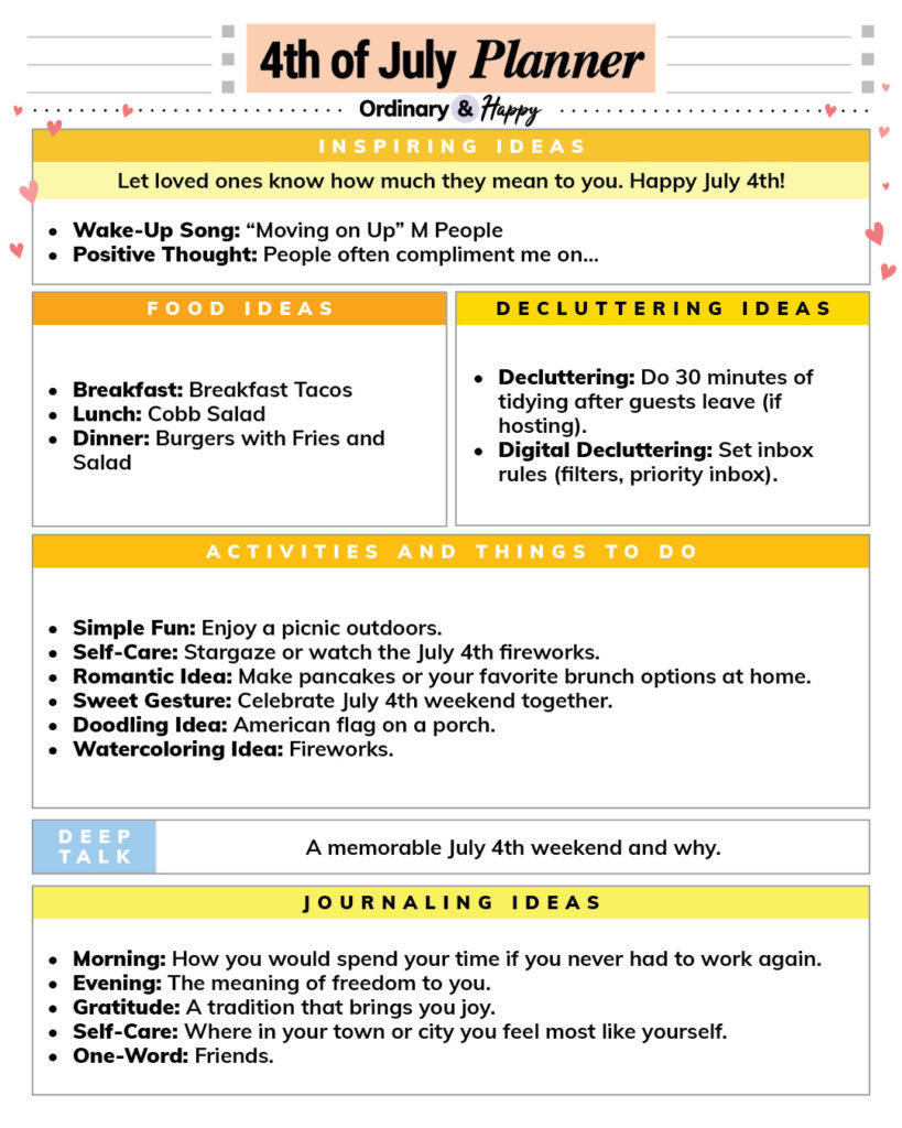 july 4th daily planner printable with ideas for the whole day in sections