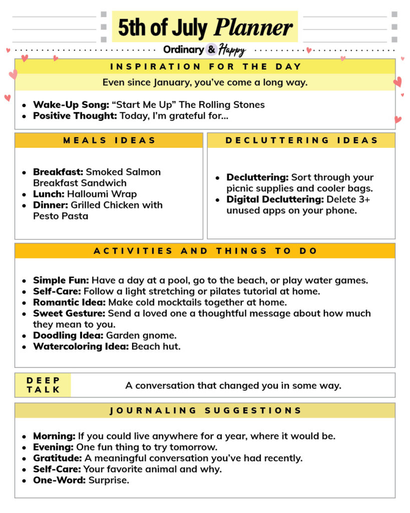 july 5th daily planner printable with color-coded sections