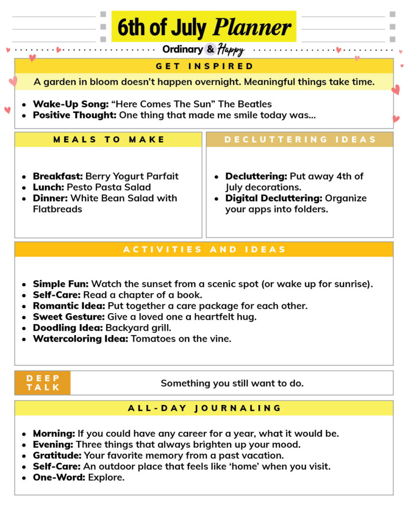 july 6th daily planner printable with color-coded sections and lists of ideas for each section
