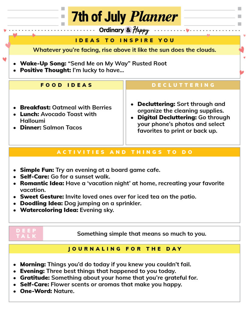 july 7th daily planner printable listicle with color-coded sections with ideas in each section