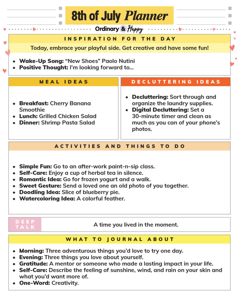 july 8th daily planner printable with suggestions for inspiration, meals, decluttering, activities, deep chat, and journaling