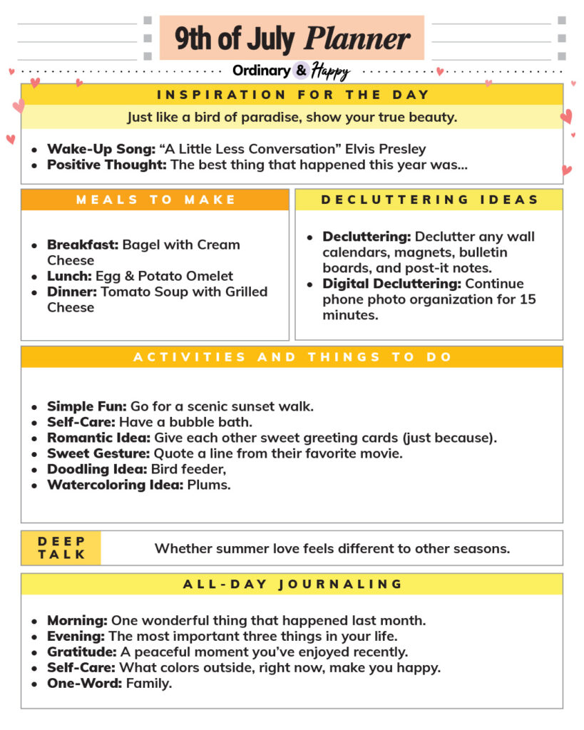july 9th daily planner with lists of ideas for everyday life in color-coded sections