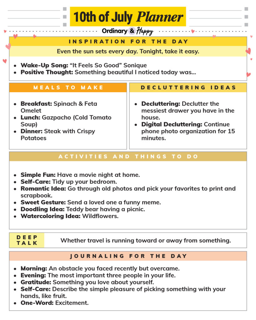 july 10th daily planner with lists of ideas for everyday life in color-coded sections
