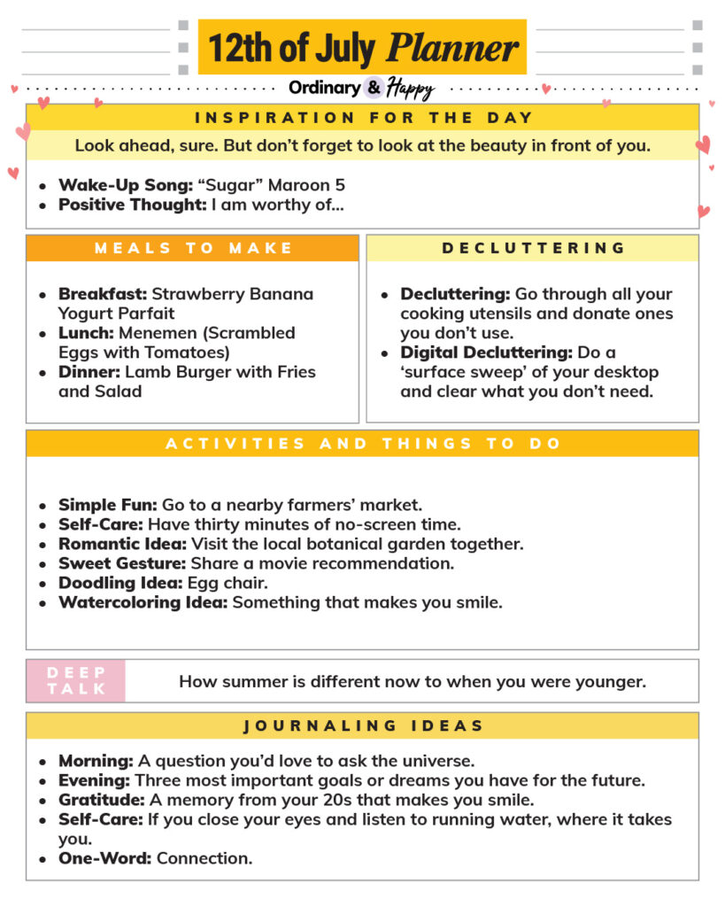 july 12th daily planner printable with lists of ideas in neat boxes for inspiration, meals, decluttering, conversation, activities, and journaling