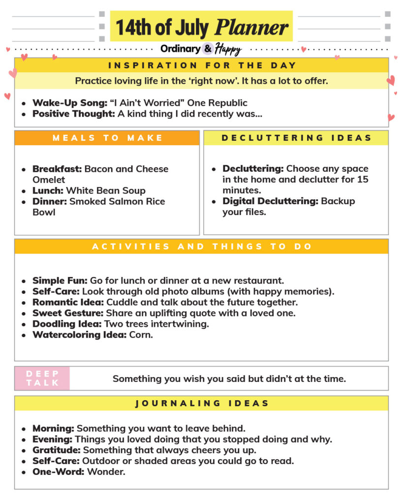july 14th daily planner printable with color-coded rectangular sections containing ideas and inspiration for the day