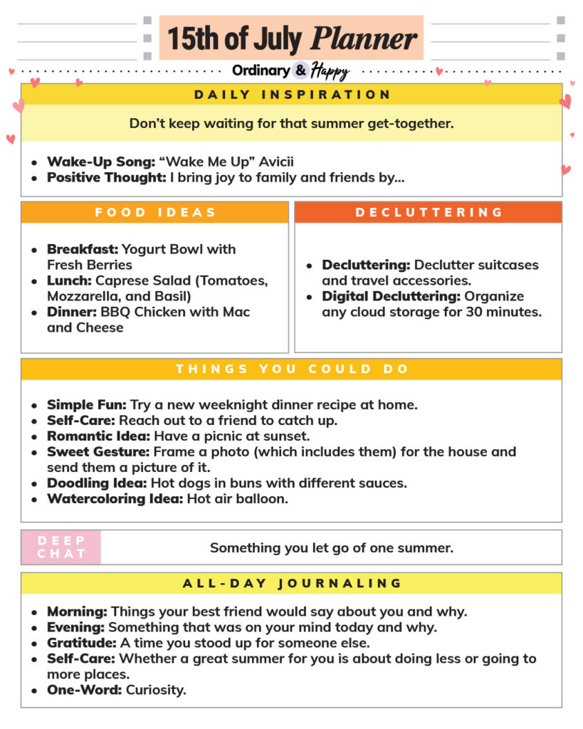 july 15th daily planner printable listicle with color-coded box sections and lists of ideas for different areas of daily life