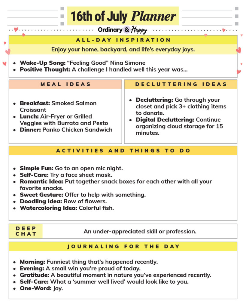 july 16th daily planner printable with listed ideas for different areas of daily life